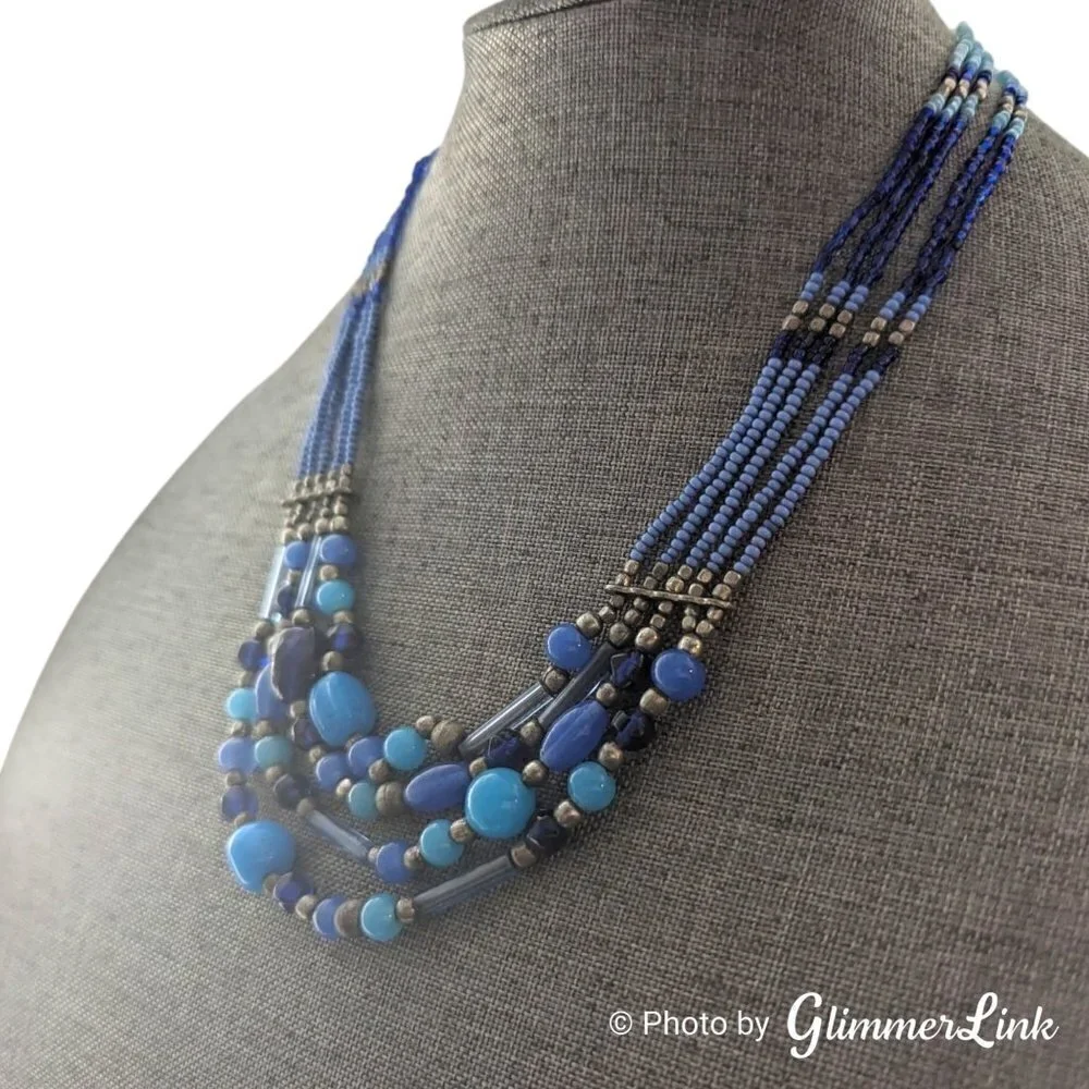 Boho Multi Strand Blue & Silver Tone Seed Bead Artsy Layered Necklace